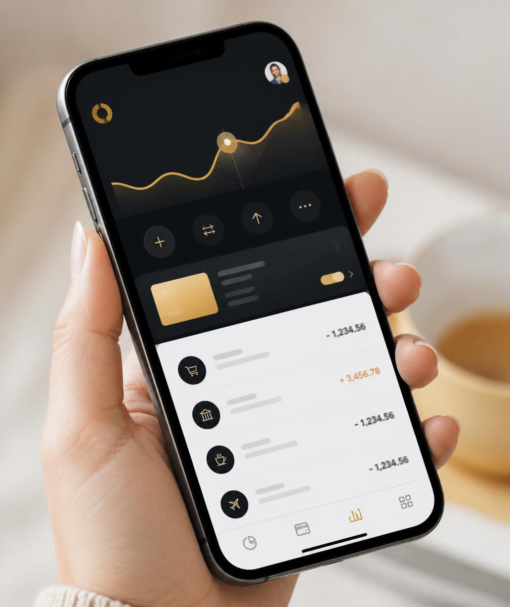 Premium smartphone displaying a sleek fintech app interface